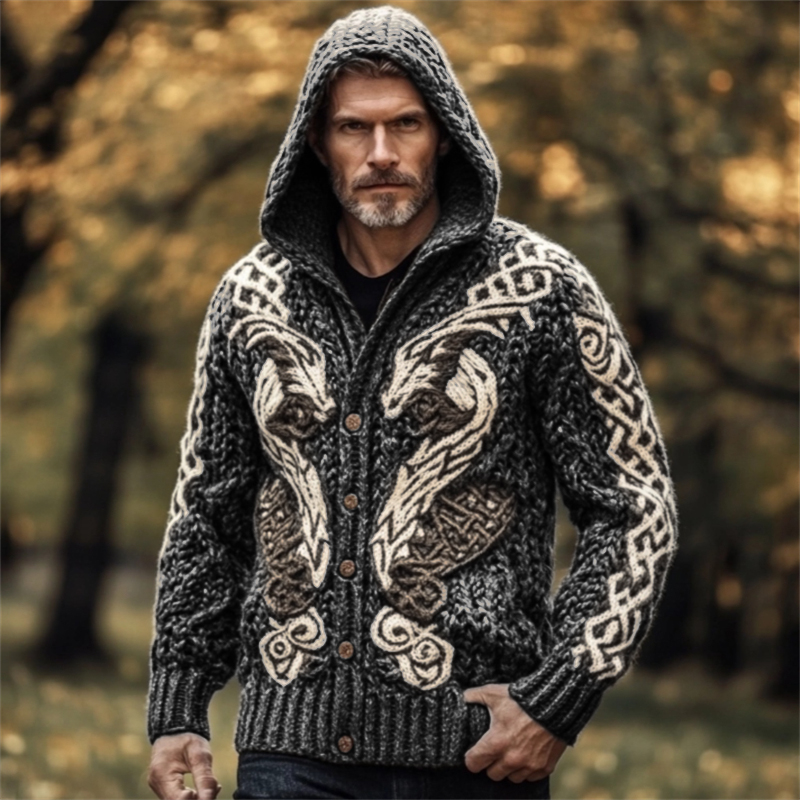 Men's Viking Wolf Celtic Chunky Hooded Cardigan
