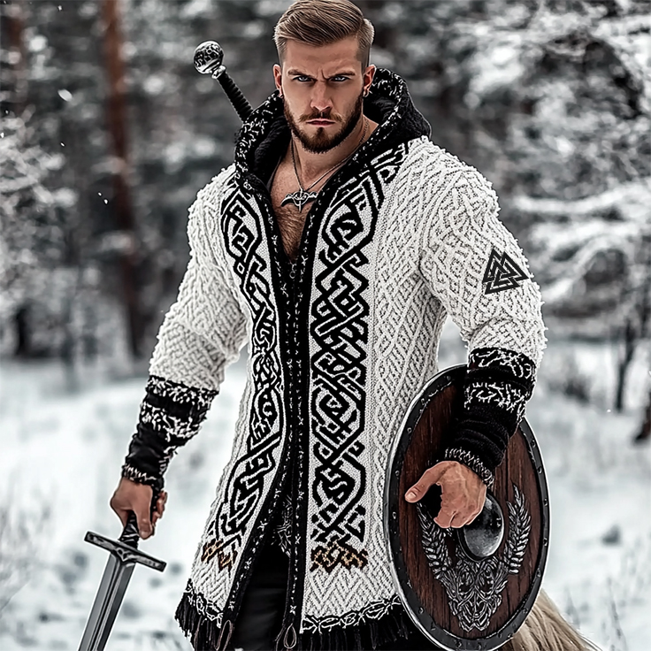 Men's Viking Tribal Jacquard Celtic Style Knitted Hooded Sweater