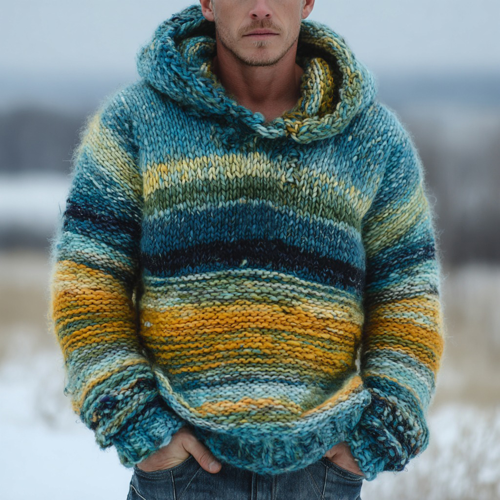 Men's Colorful Striped Contrast Warm Knitted Hooded Sweater