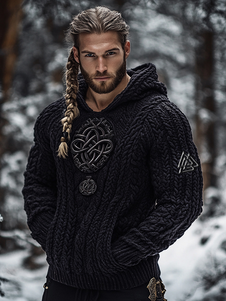 Men's Viking Tribal Jacquard Celtic Inspired Chunky Knit Hooded Sweater