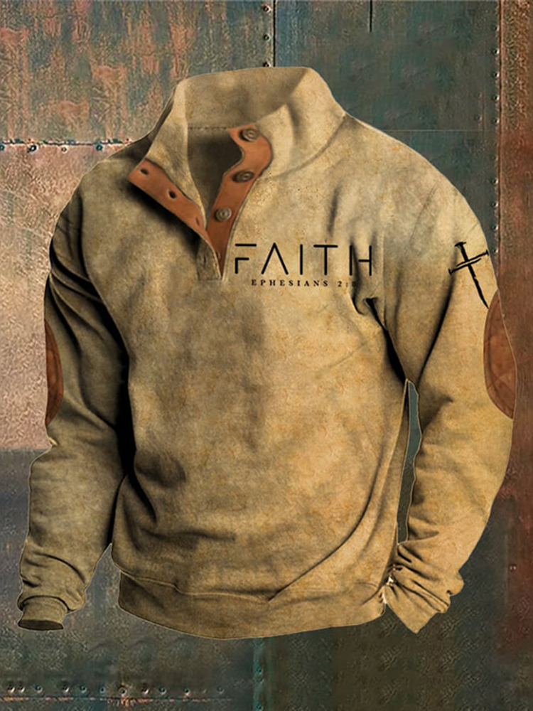 Men's Faith Cross Printed Stand Collar Button Sweatshirt