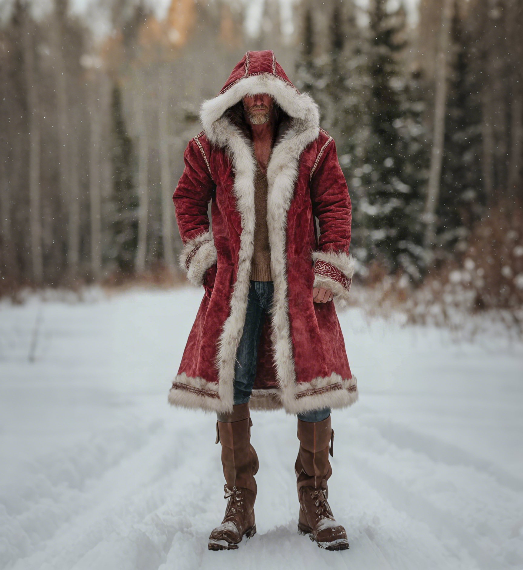 Men's Christmas Santa Outfit Fuzzy Velvet Hooded Coat
