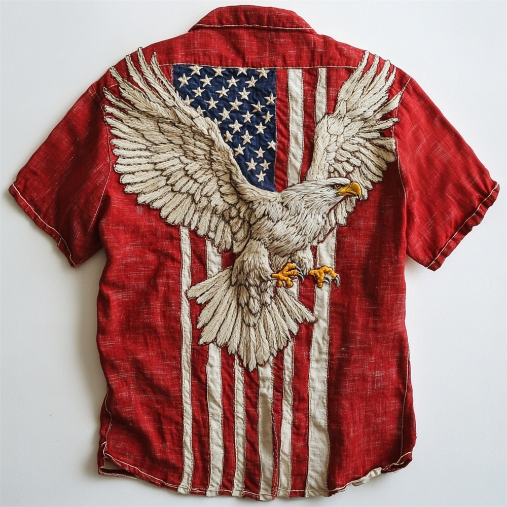 Independence Day Bald Eagle Flag Embroidered Men's Linen Short Sleeve Shirt