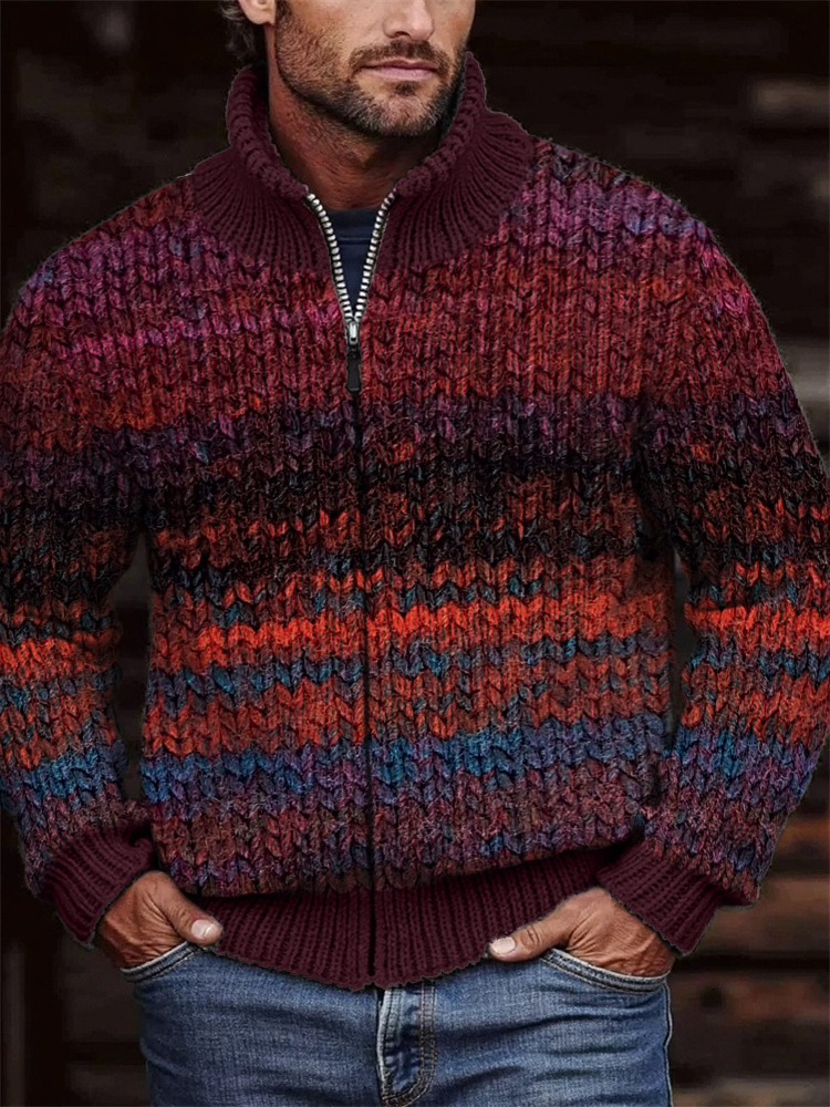 Men's Vintage Colorful Crochet Art Cozy Zip Cardigan