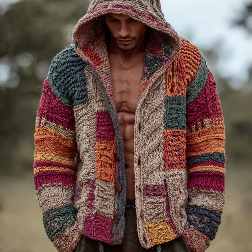 Men's Retro Geometric Patchwork Cozy Hooded Cardigan