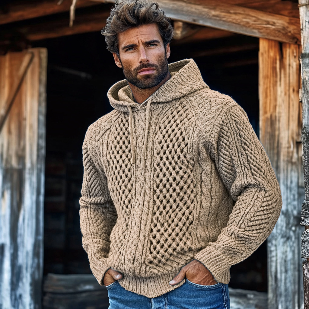 Men'S Waffle Knit Pattern Hooded Sweater