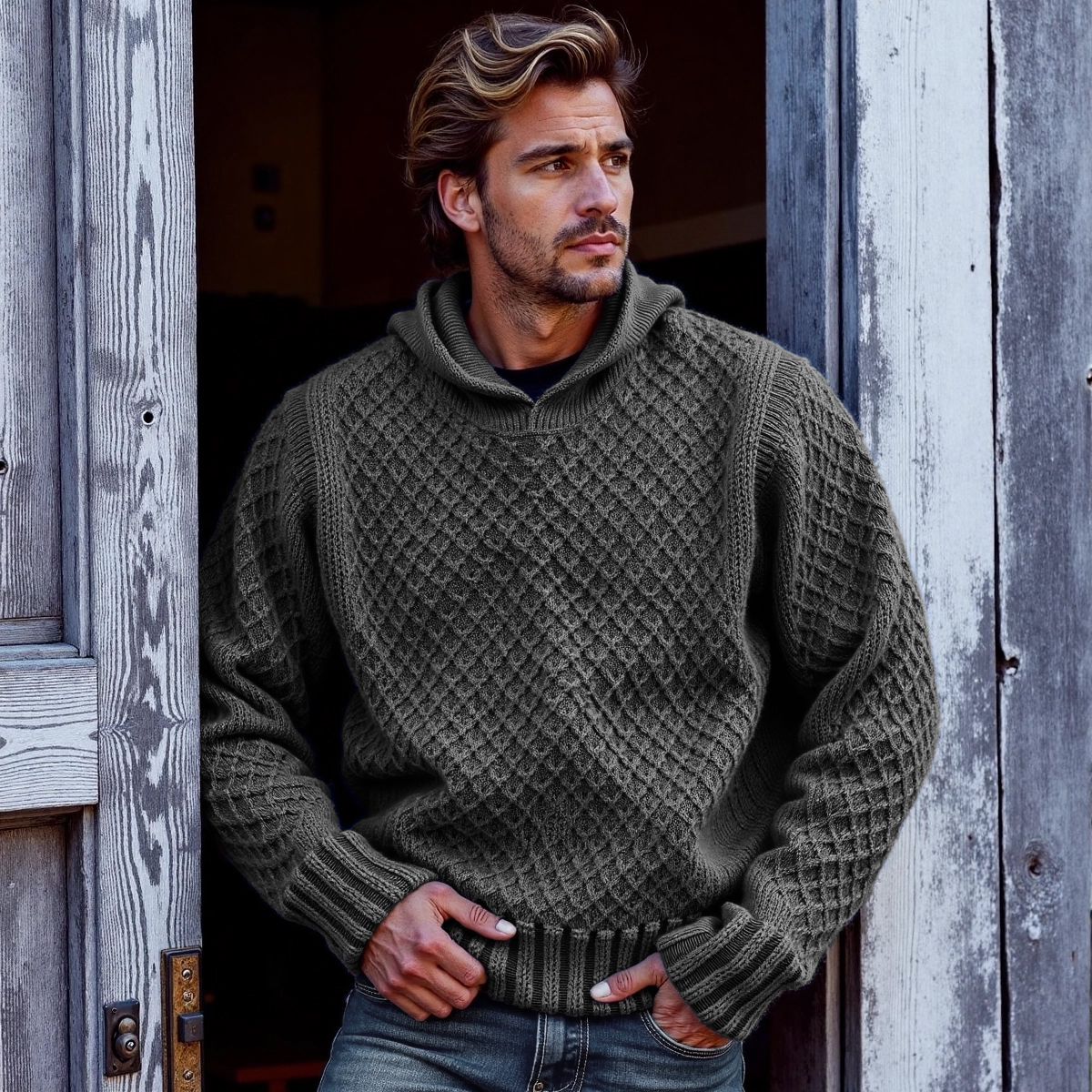 Men's Retro Cross Pattern Hooded Sweater