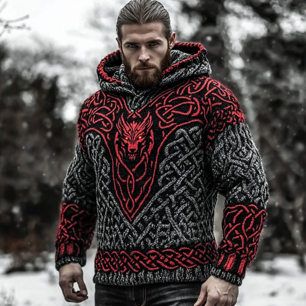 Vintage Viking Wolf Chunky Knit Jacquard Men's Hooded Sweater