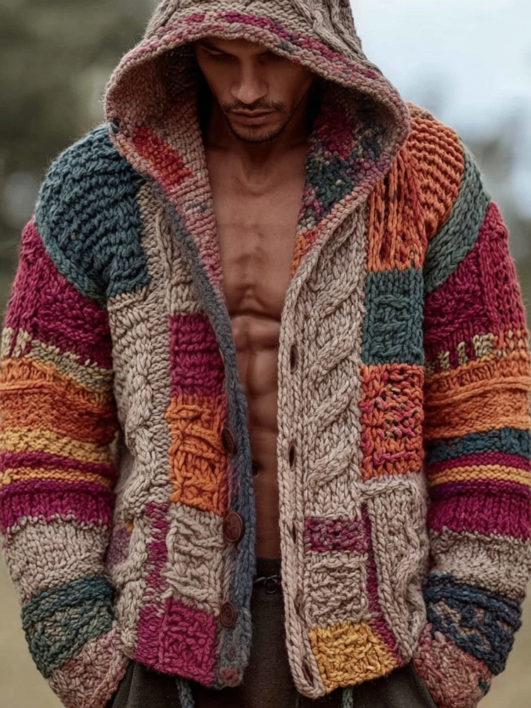 Men's Retro Geometric Patchwork Cozy Hooded Cardigan