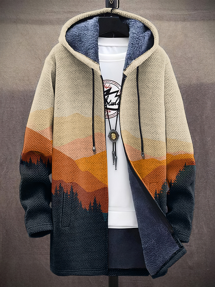Retro Modern Boho Featuring Colorful Mountains Trees And Afternoon Sun Print Long Sleeve Hooded Cardigan Jacket