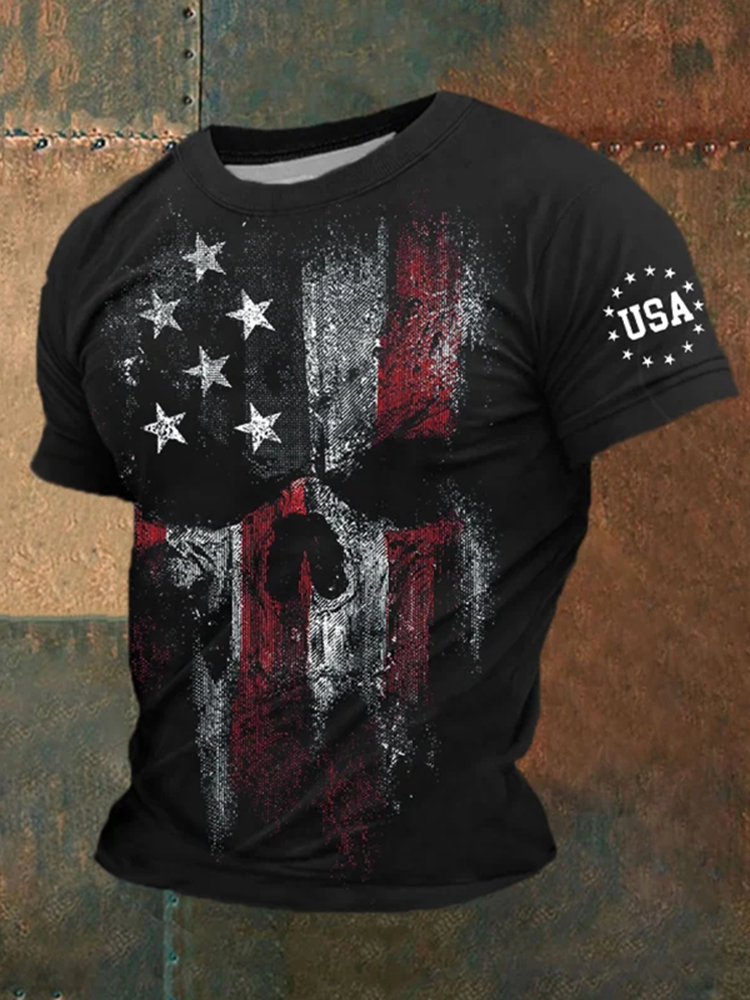 Men's Independence Day American Flag Skull Print T-Shirt