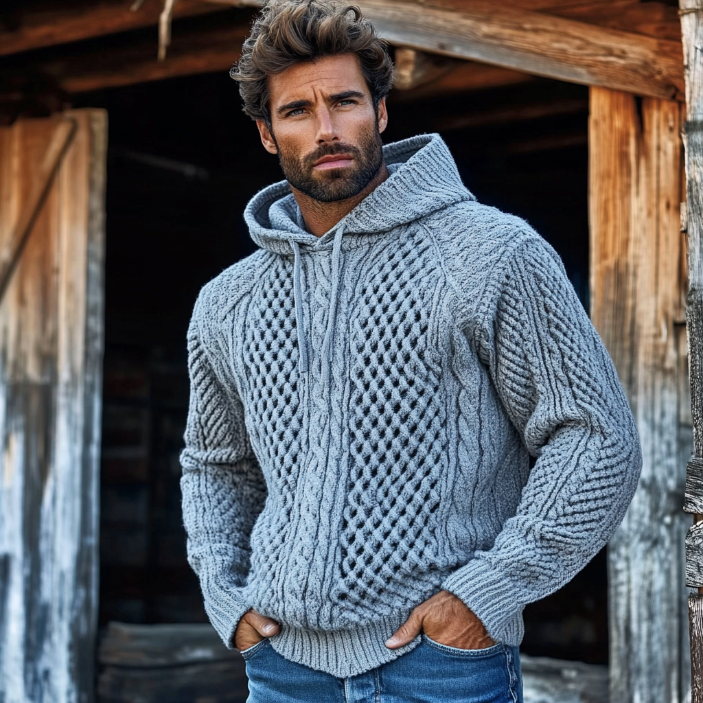 Men'S Waffle Knit Pattern Hooded Sweater