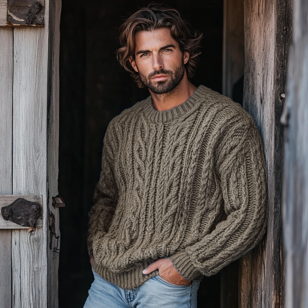 Men'S Burlap Jacquard Crew Neck Aran Sweater