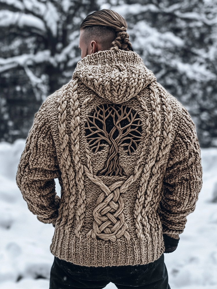 Men's Viking Tribal Tree Of Life Celtic Chunky Knit Hooded Sweater