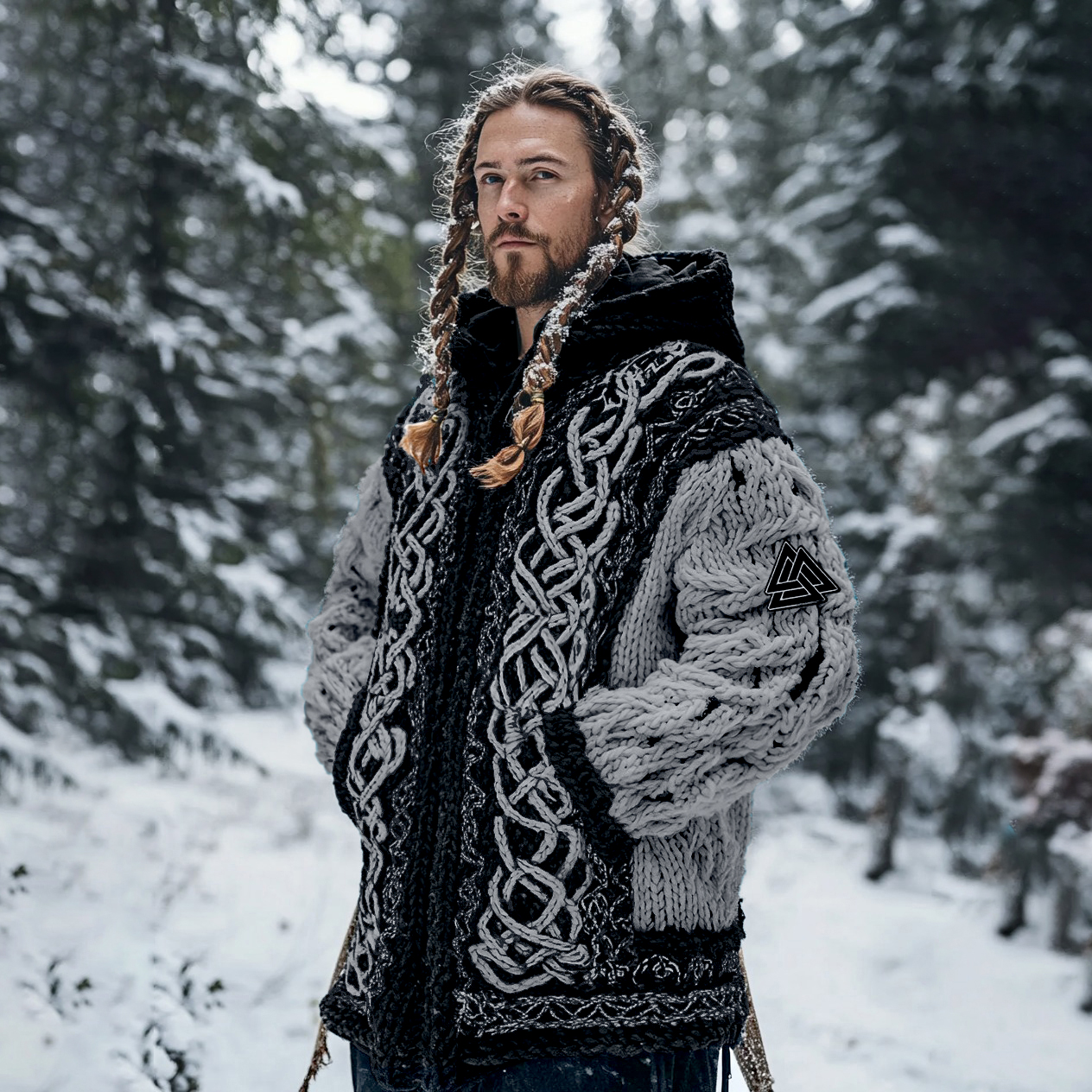 Men's Viking Tribal Jacquard Celtic Chunky Knit Zipper Hooded Cardigan