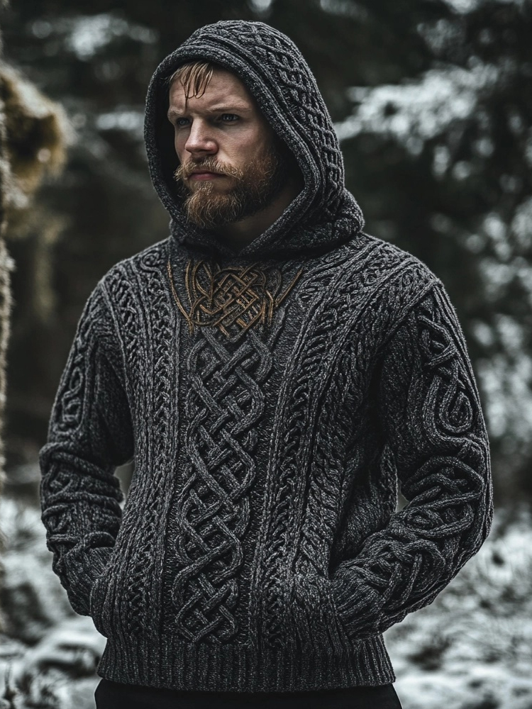 Men's Viking Inspired Celtic Jacquard Cozy Hooded Sweater