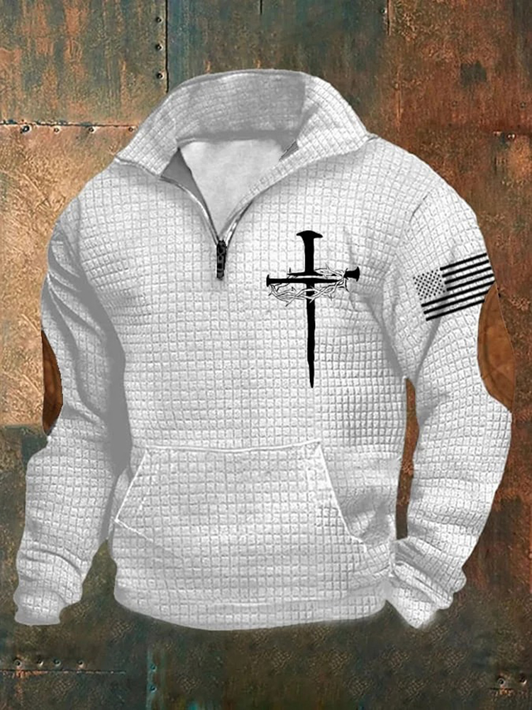 Men's Casual Vintage Art Cross Faith Zipper Checkered Sweatshirt