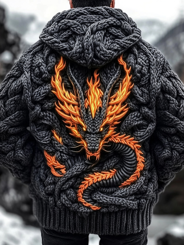 Men's Viking Dragon Celtic Thick Knit Hooded Sweater