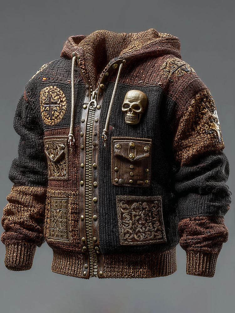Men's Contrasting Color Scheme Skull Rivet Knitted Hooded Jacket