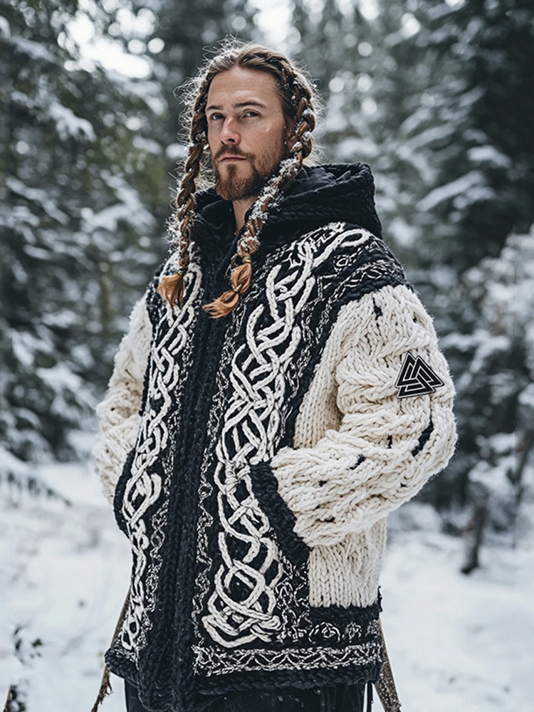 Men's Viking Tribal Jacquard Celtic Chunky Knit Zipper Hooded Cardigan