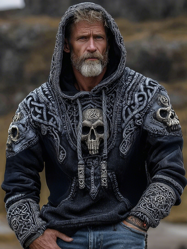 Viking Skull And Celtic Knot Inspired Tribal Distressed Washed Hoodie
