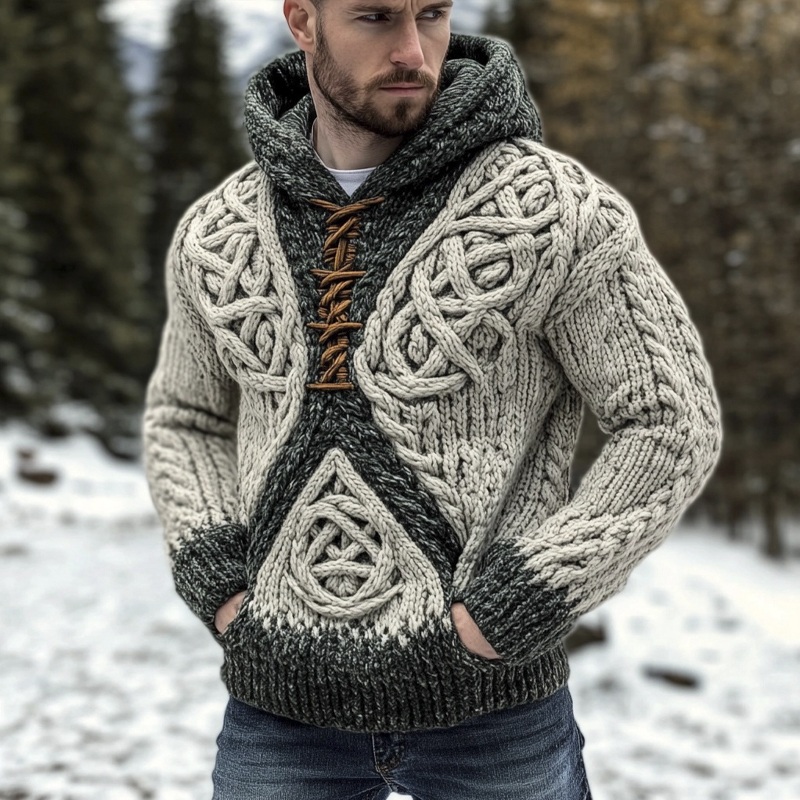 Vintage Celtic Knot Coarse Knit Men's Hooded Sweater