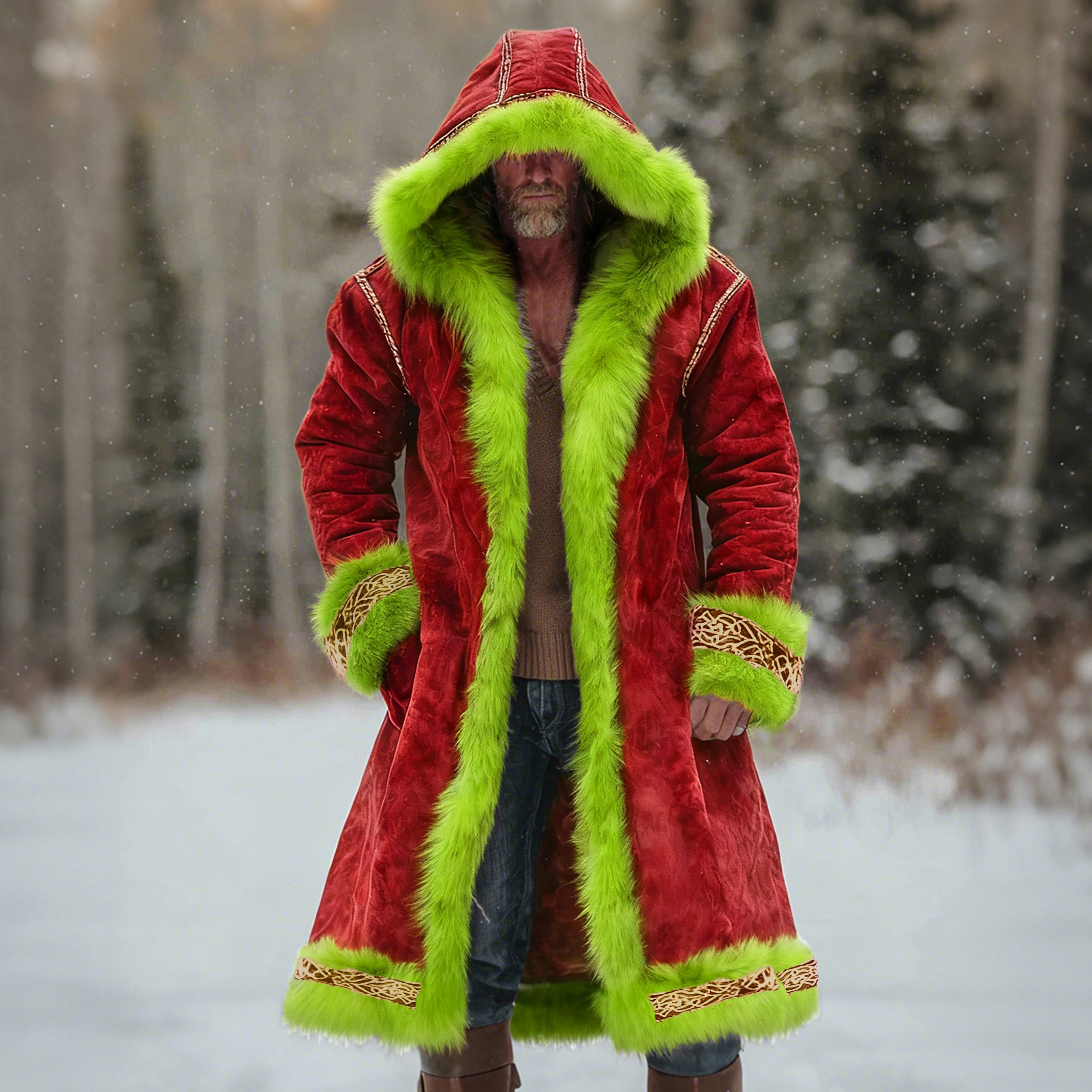 Men's Christmas Santa Outfit Fuzzy Velvet Hooded Coat