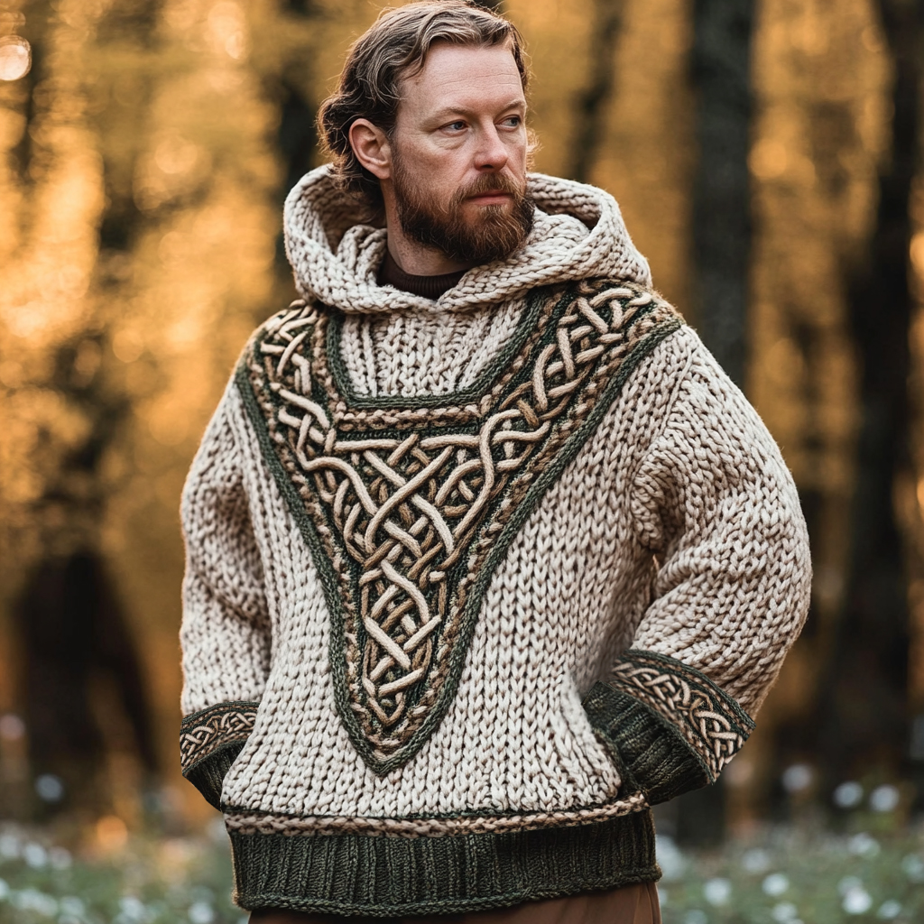 Men's Vintage Celtic Knot Knit Hooded Sweater