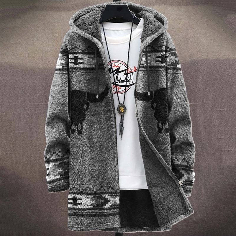 Men's Western Bull Skull Aztec Cozy Hooded Cardigan