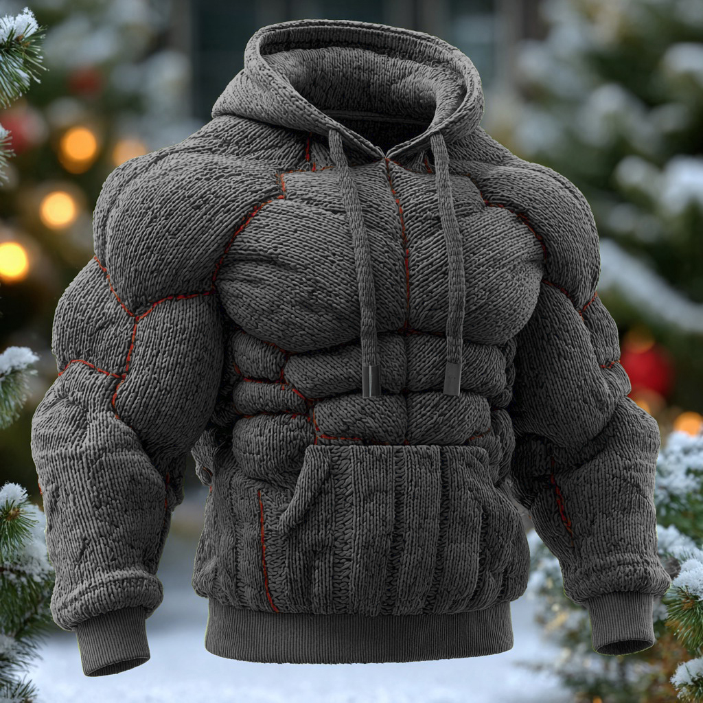 Line Art Knitted Warm Men's Hooded Sweater