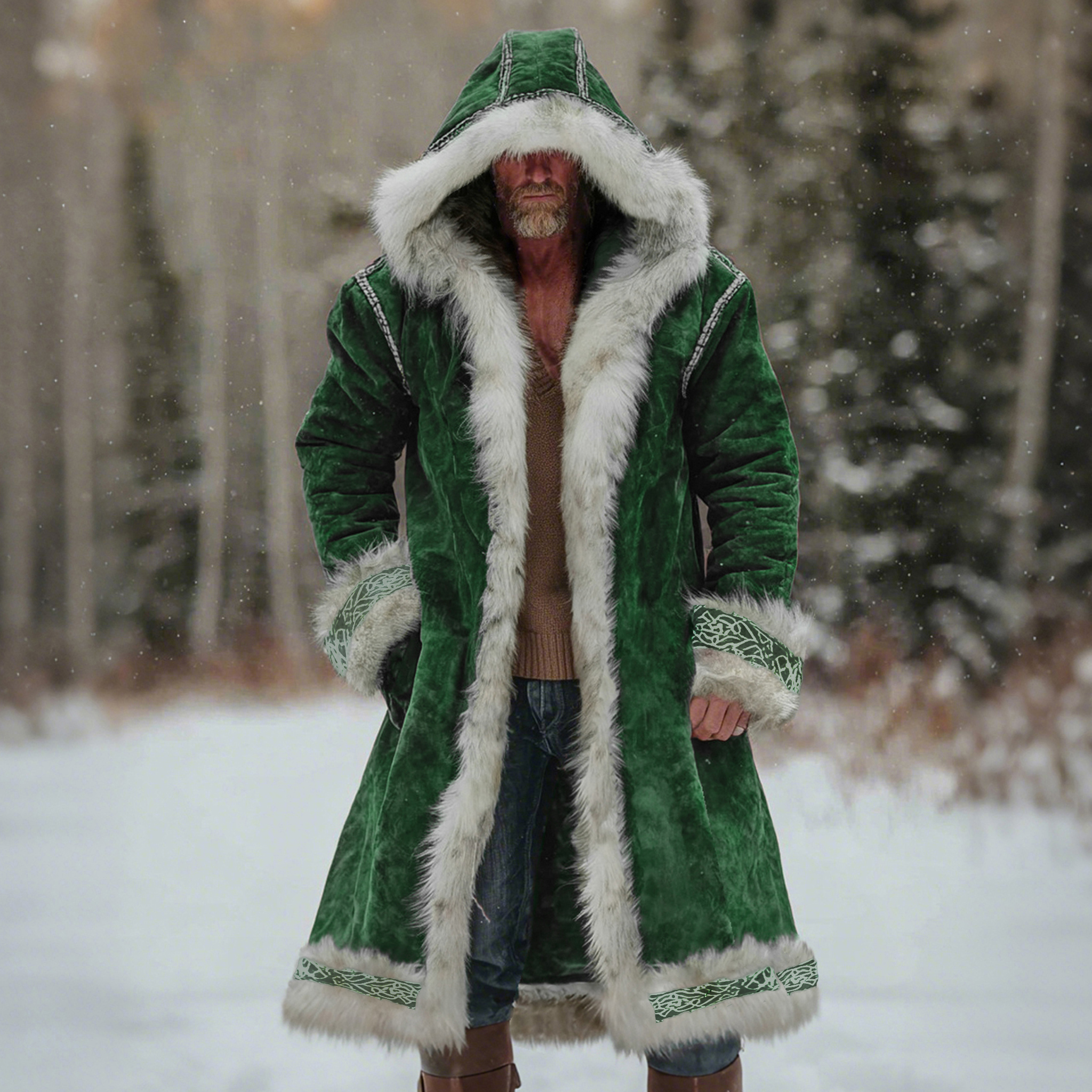Men's Christmas Santa Outfit Fuzzy Velvet Hooded Coat
