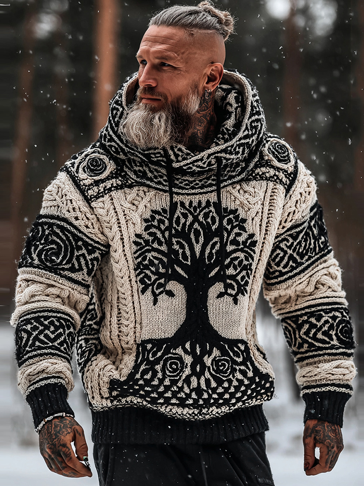 Men's Viking Tribal Jacquard Celtic With Rose And Tree Of Life Inspired Chunky Knit Hooded Sweater