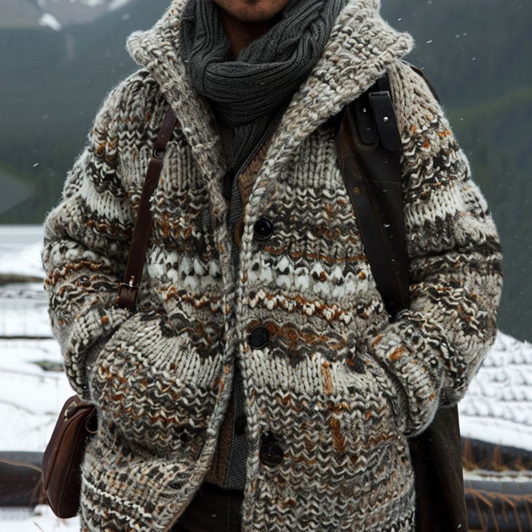 Men's Fairman Island Vintage Striped Pattern Hooded Cardigan