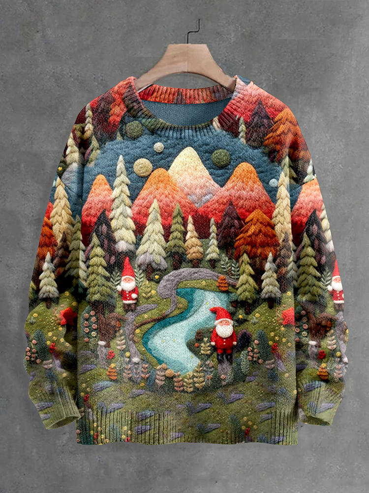 Men's Christmas Santa Claus In Countryside Embroidery Art Print Casual Knit Crew Neck Sweater