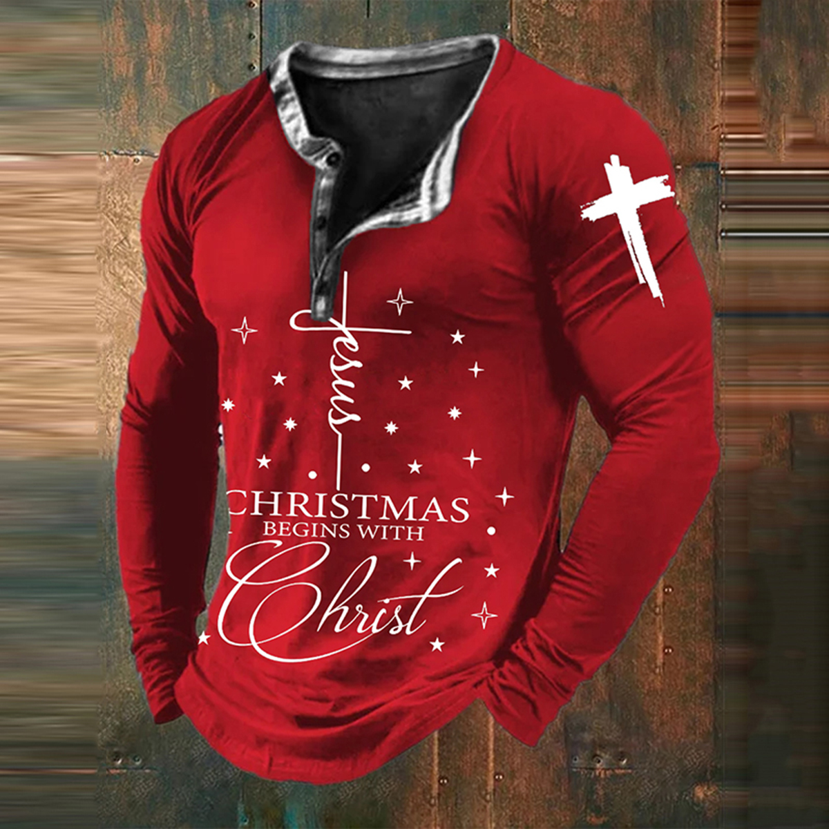 Men's Christmas Cross Faith Print  Long Sleeve T-Shirt