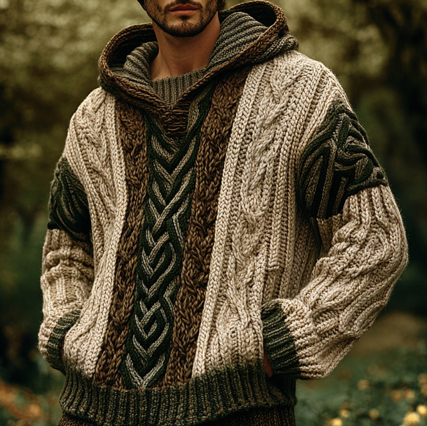 Men's Vintage Chunky Tricolor Jacquard Aran Sweater