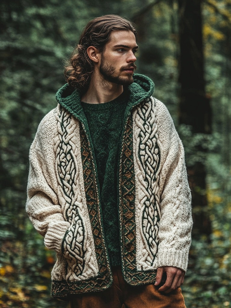 Men's Ireland Celtic Knot Knit Zipper Hooded Cropped Cardigan