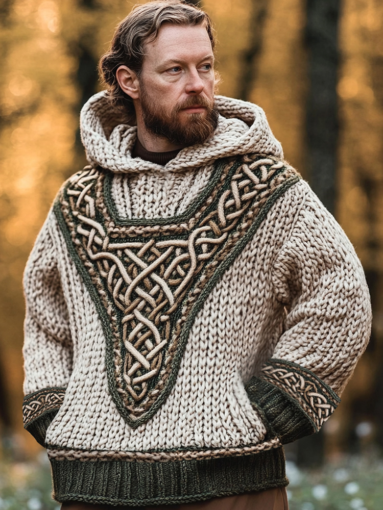 Men's Vintage Celtic Knot Knit Hooded Sweater