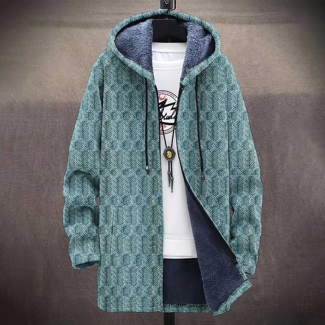 Men's Vintage Knitted Graphic Art Comfort Plush Hooded Coat