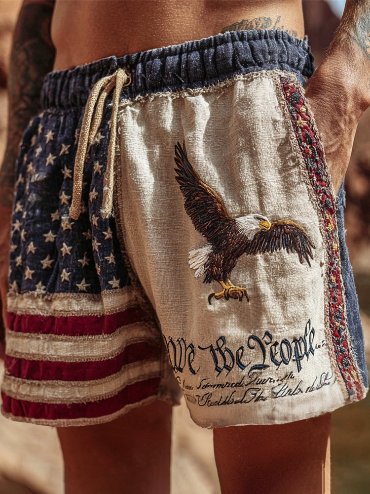 Independence Day We The People & Bald Eagle Embroidered Men's Linen Shorts