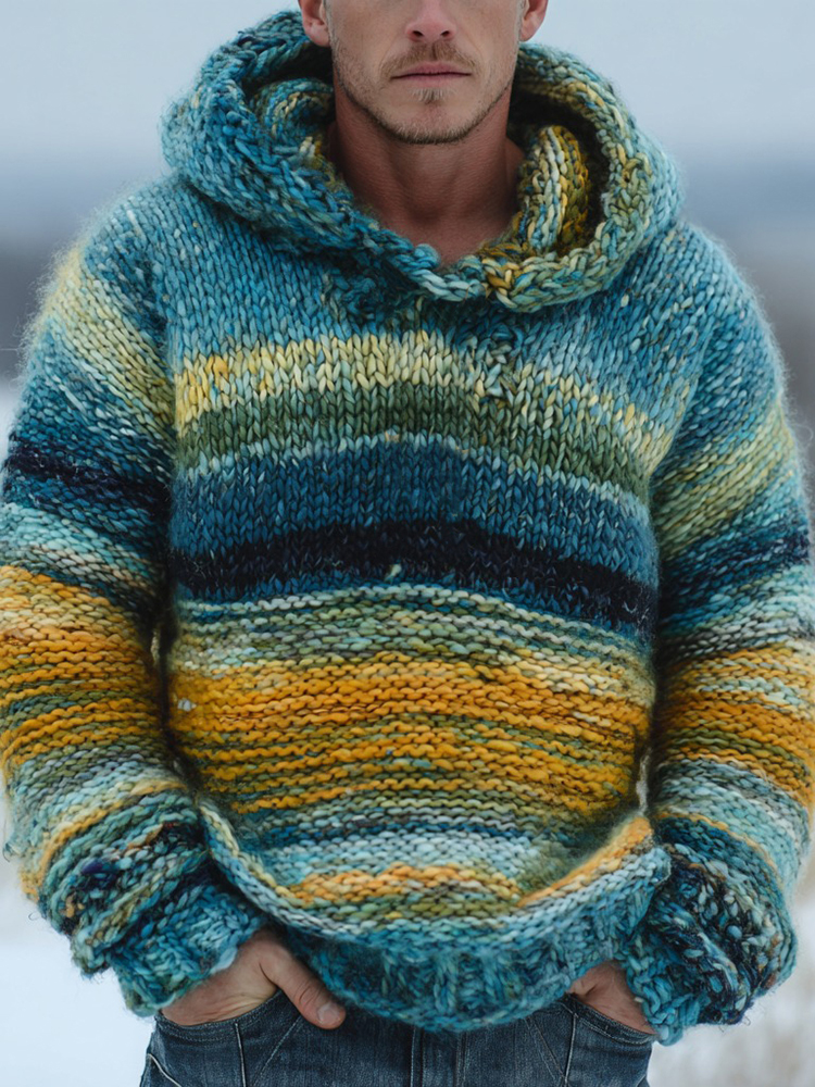 Men's Colorful Striped Contrast Warm Knitted Hooded Sweater