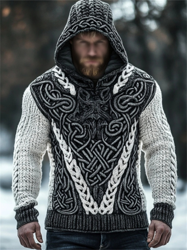 Men's Viking Wolf Inspired Celtic Chunky Hooded Sweater