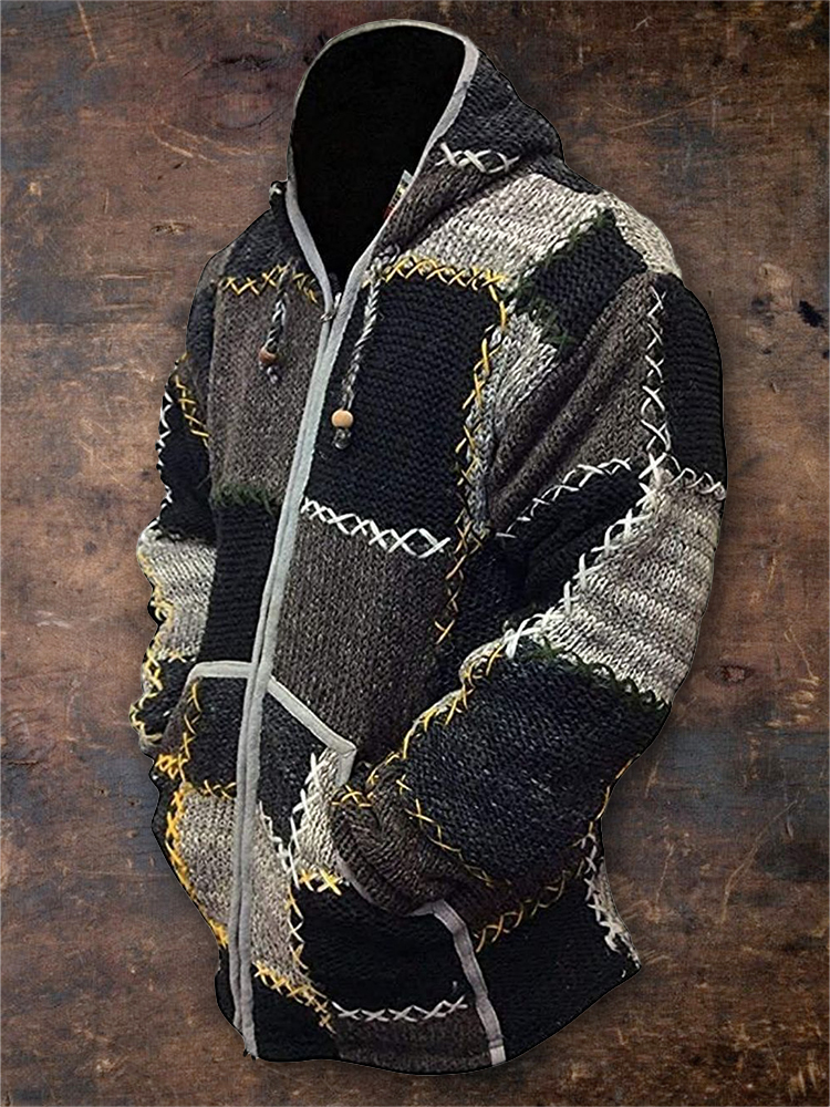 Men's Retro Colorblock Patchwork Stitched Cozy Hooded Cardigan