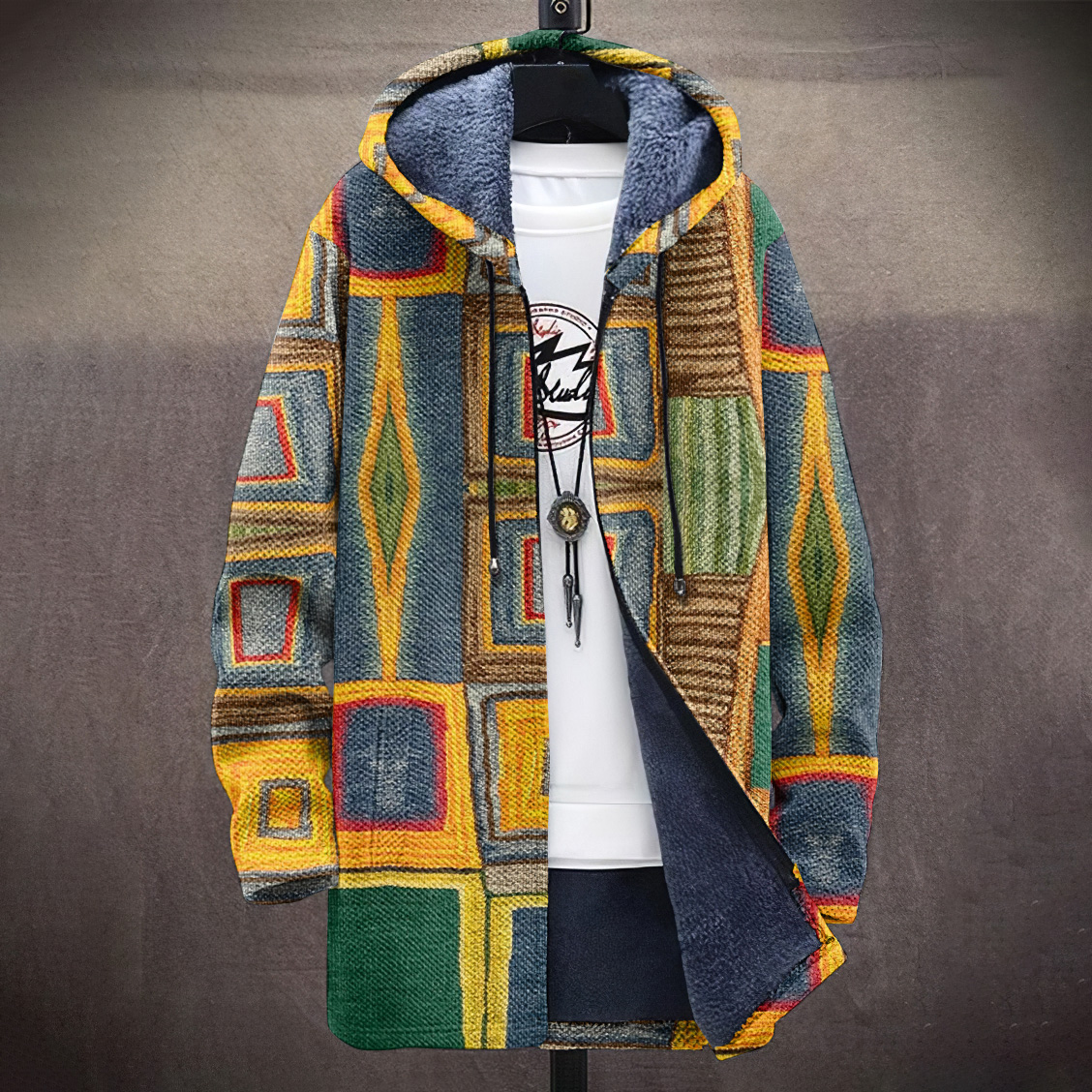 Retro Geometric Color Blocks Hooded Cardigan Jacket