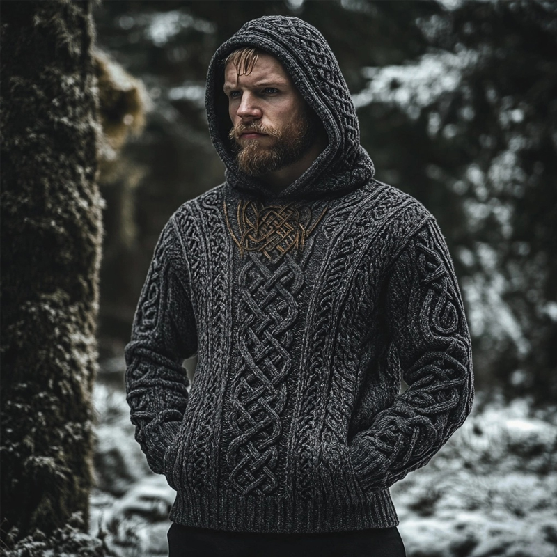 Men's Viking Inspired Celtic Jacquard Cozy Hooded Sweater