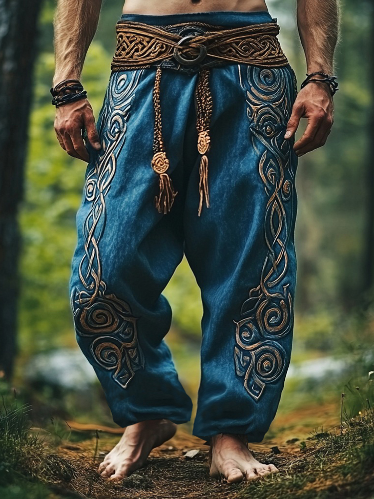 Tribal Viking Celtic Embroidery Art Linen Long Loose Wide-leg Pants
