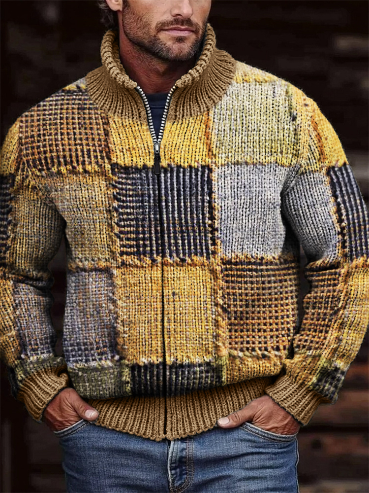 Men's Retro Colorblock Patchwork Stitched Cozy Zip Cardigan