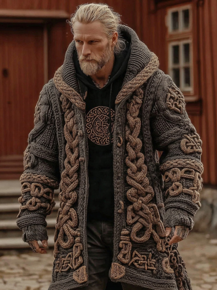 Men's Viking Celtic Geometry Pattern Art Knitted Hooded Cardigan