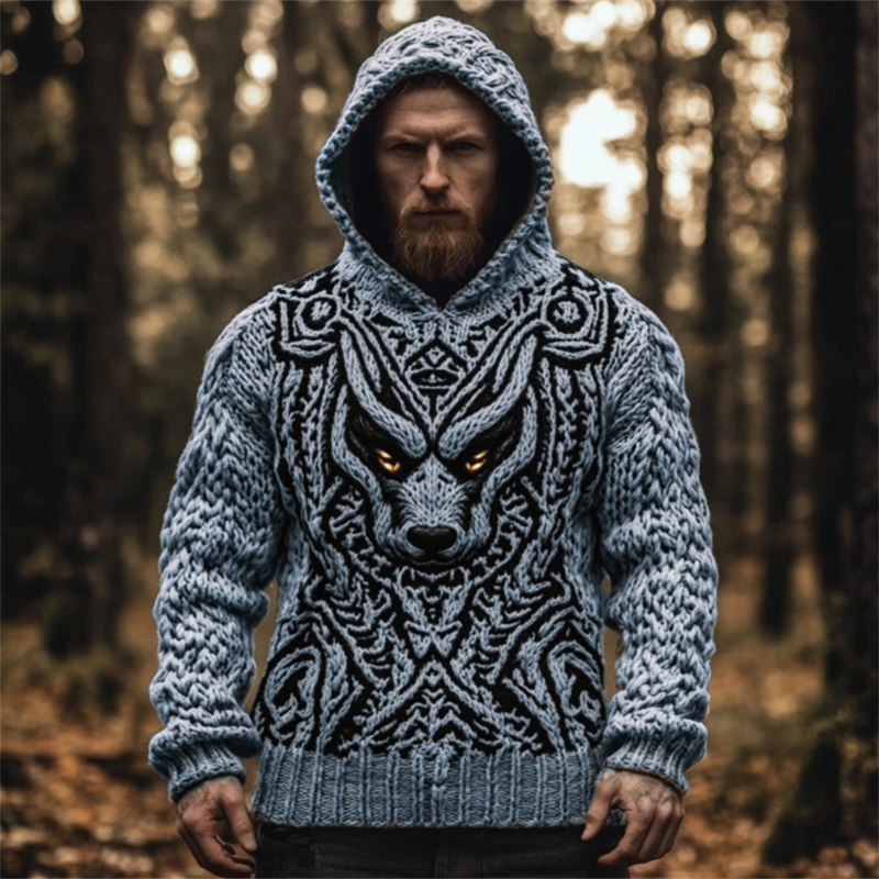 Men's Viking Wolf Celtic Cozy Chunky Hooded Sweater
