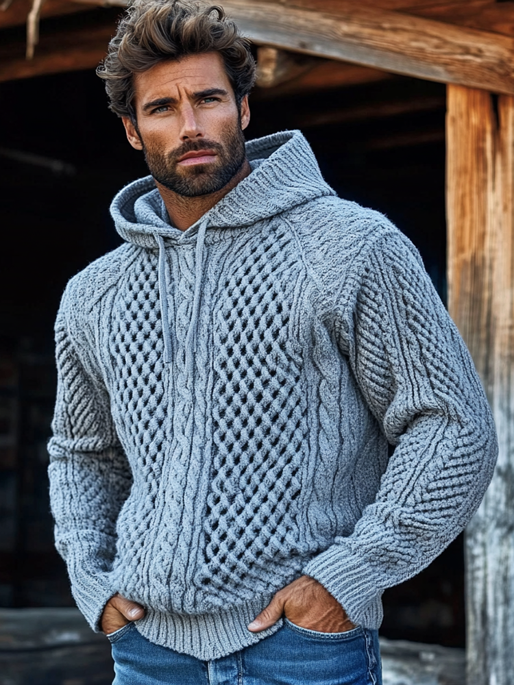 Men'S Waffle Knit Pattern Hooded Sweater